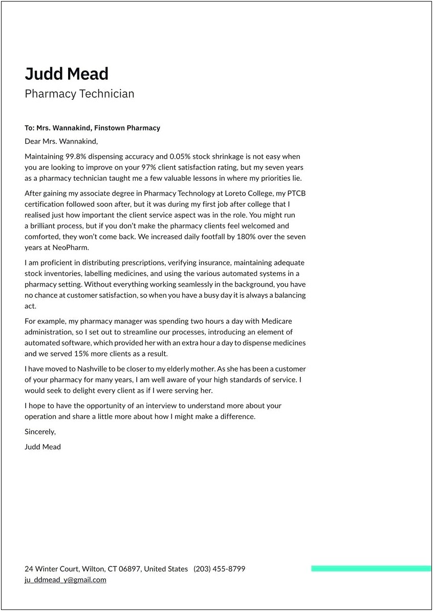 Entry Pharmacy Technician Resume Cover Letter