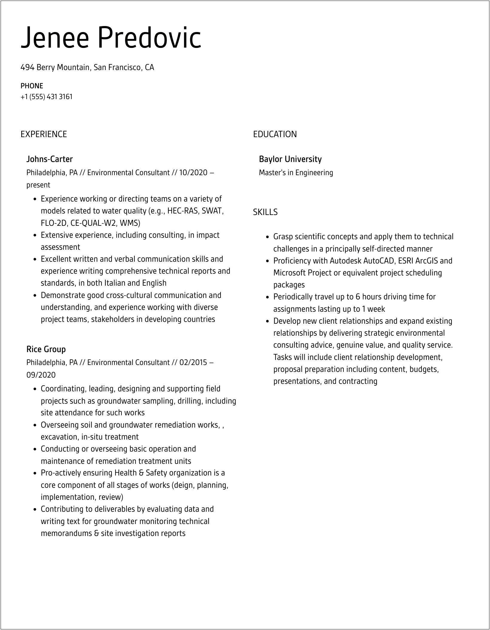 Environmental Consultant Job Description For Resume