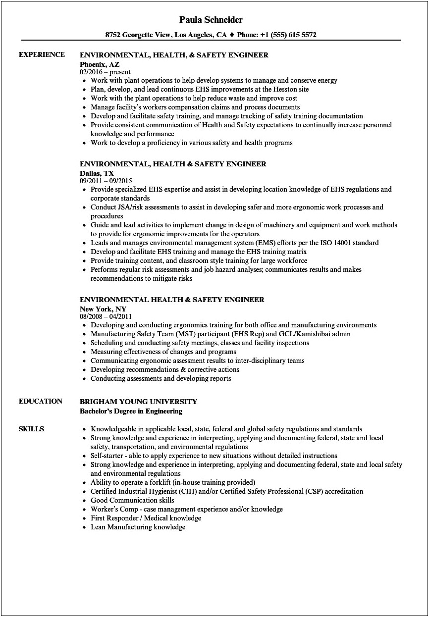 Environmental Health And Safety Personal Summary On Resume