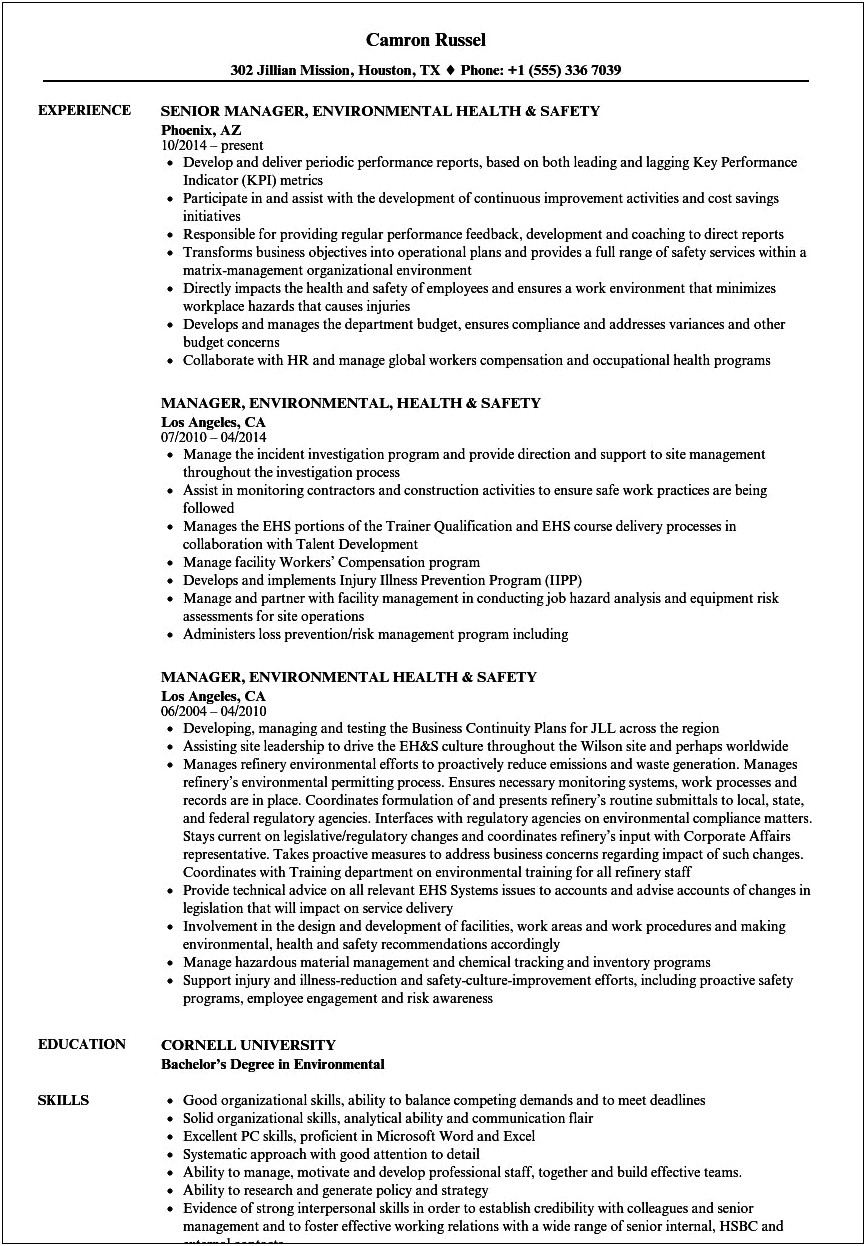 Environmental Health And Safety Resume Template