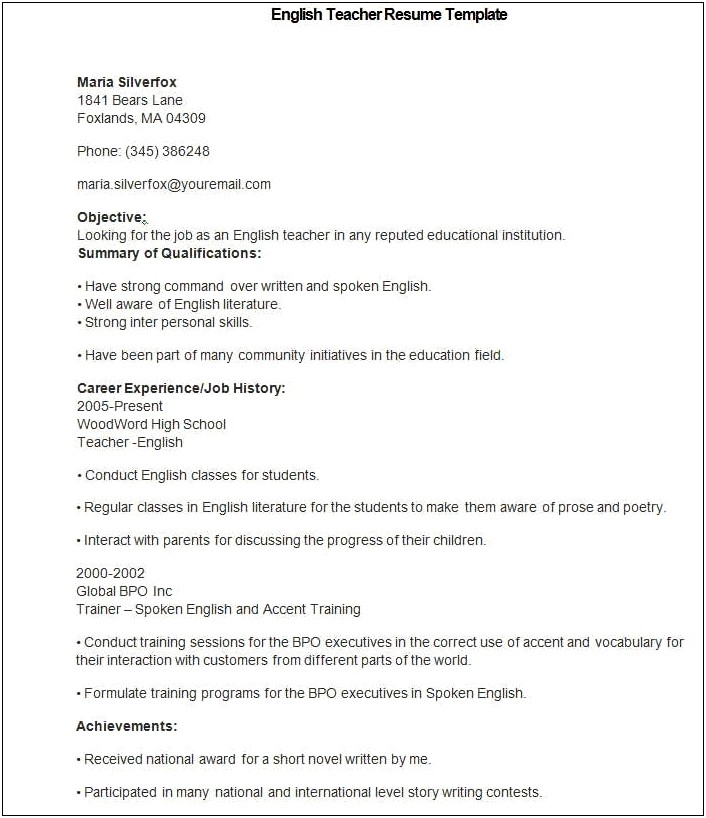 Esl Teacher Job Description For Resume