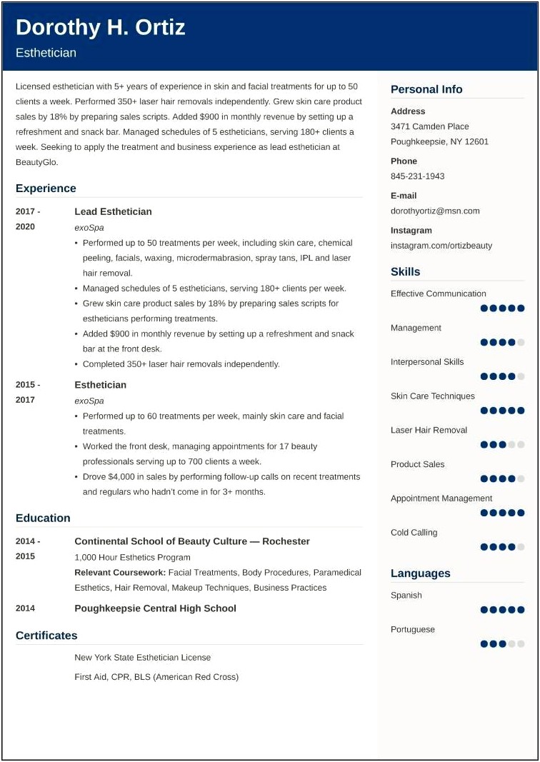 Esthetician Just Out Of School Resume