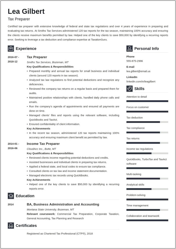 Examle Of Good Resume For Tax Professional