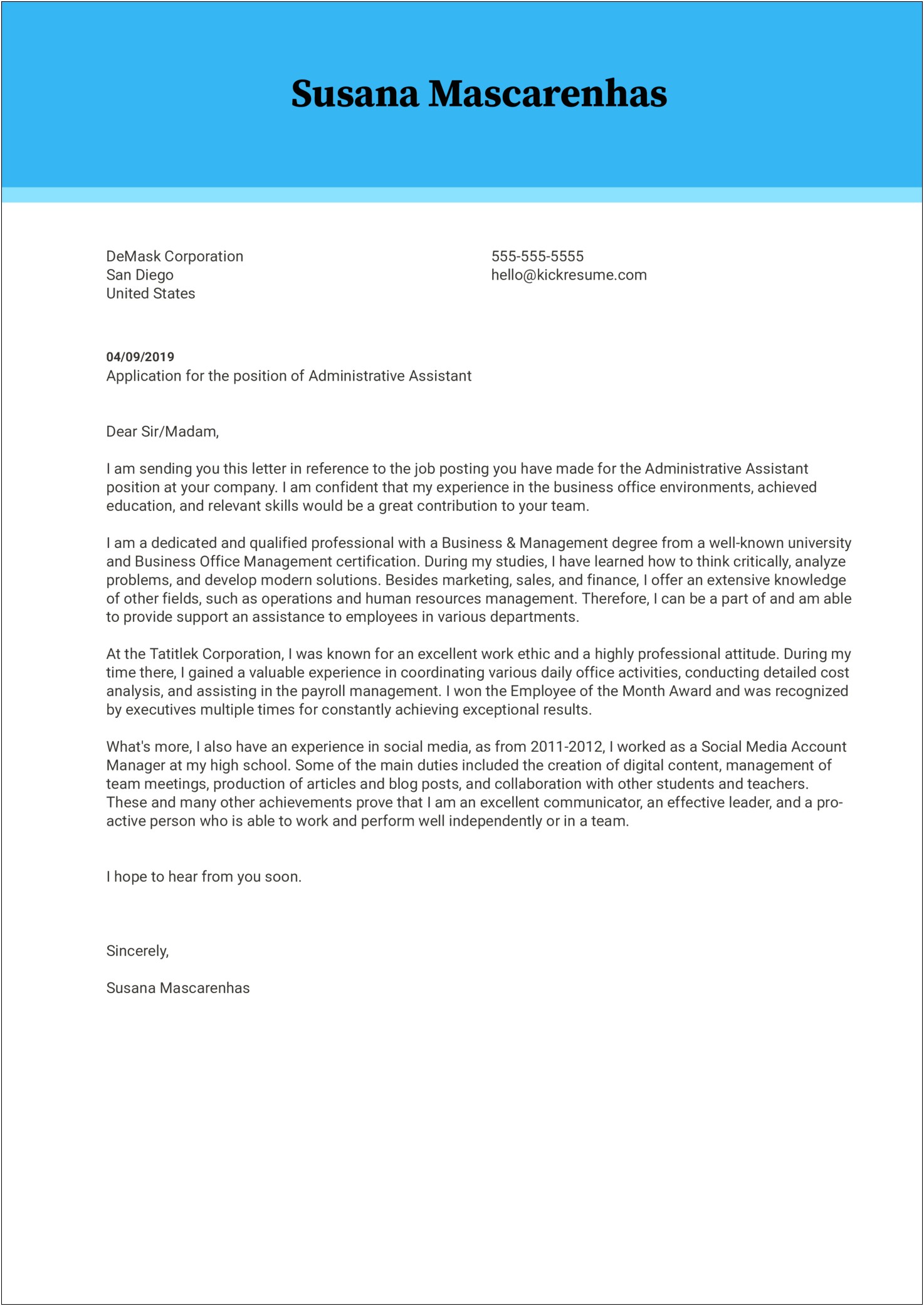 Example Administrative Assistant Cover Letter For Resume