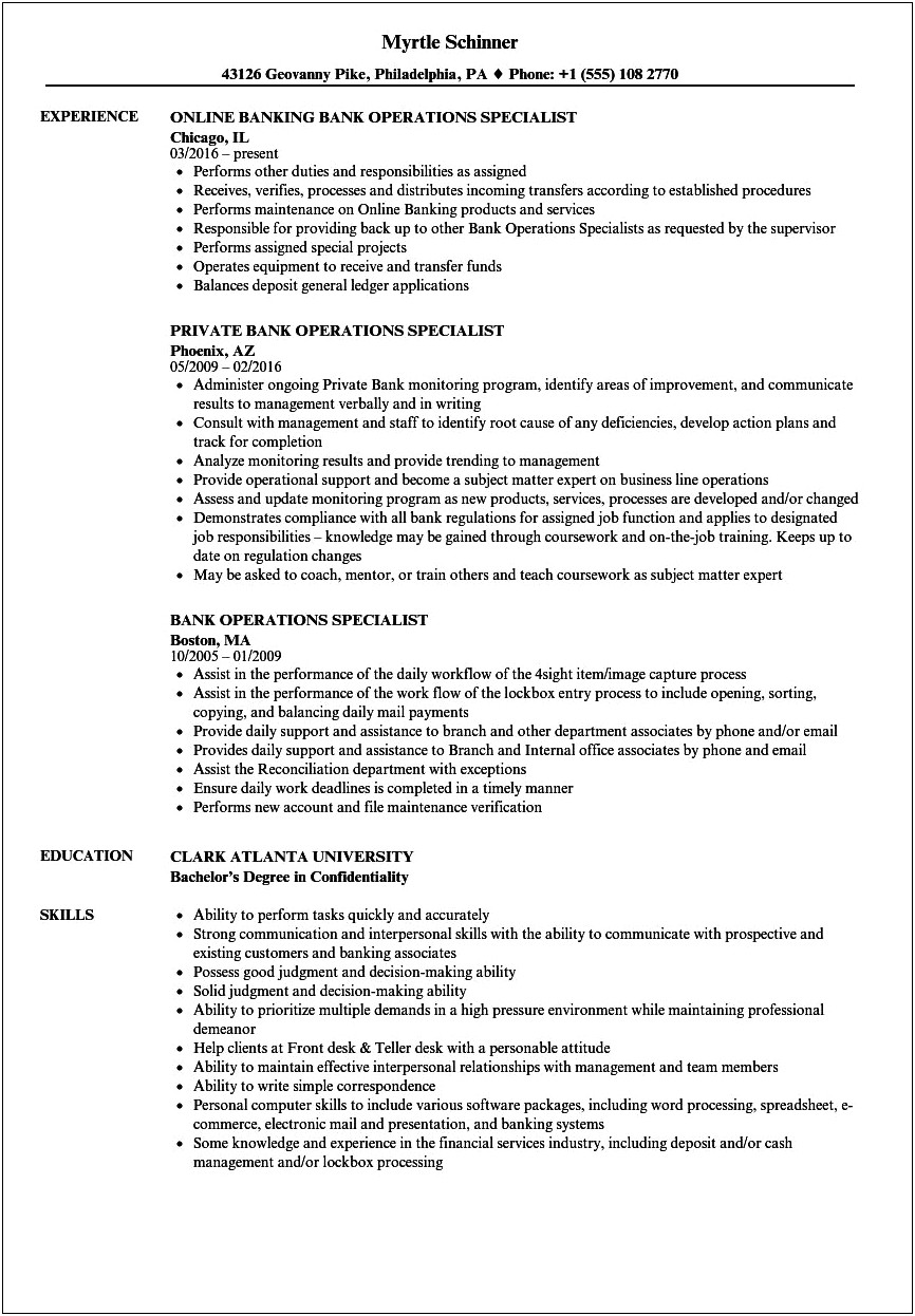 Example Banking Call Center Specialist Resume