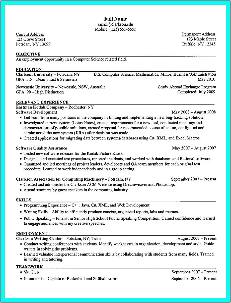 Example Computer Science Resume College Student