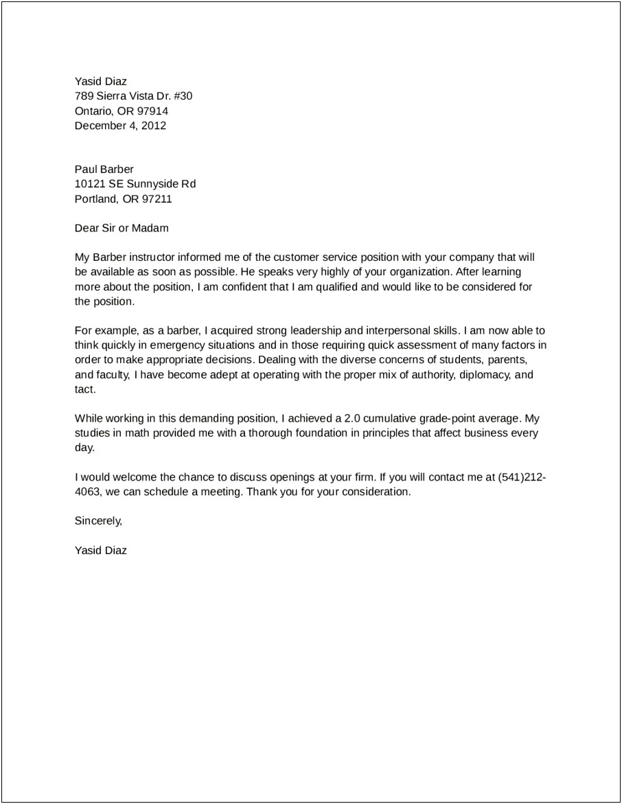 Example Cover Letter For Resume Customer Service