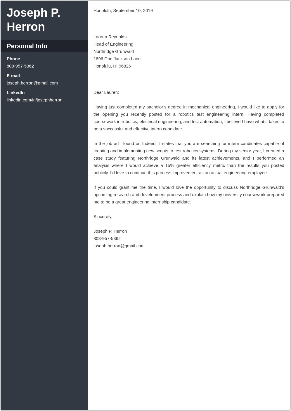 Example Cover Letter For Resume Electrical Engineer