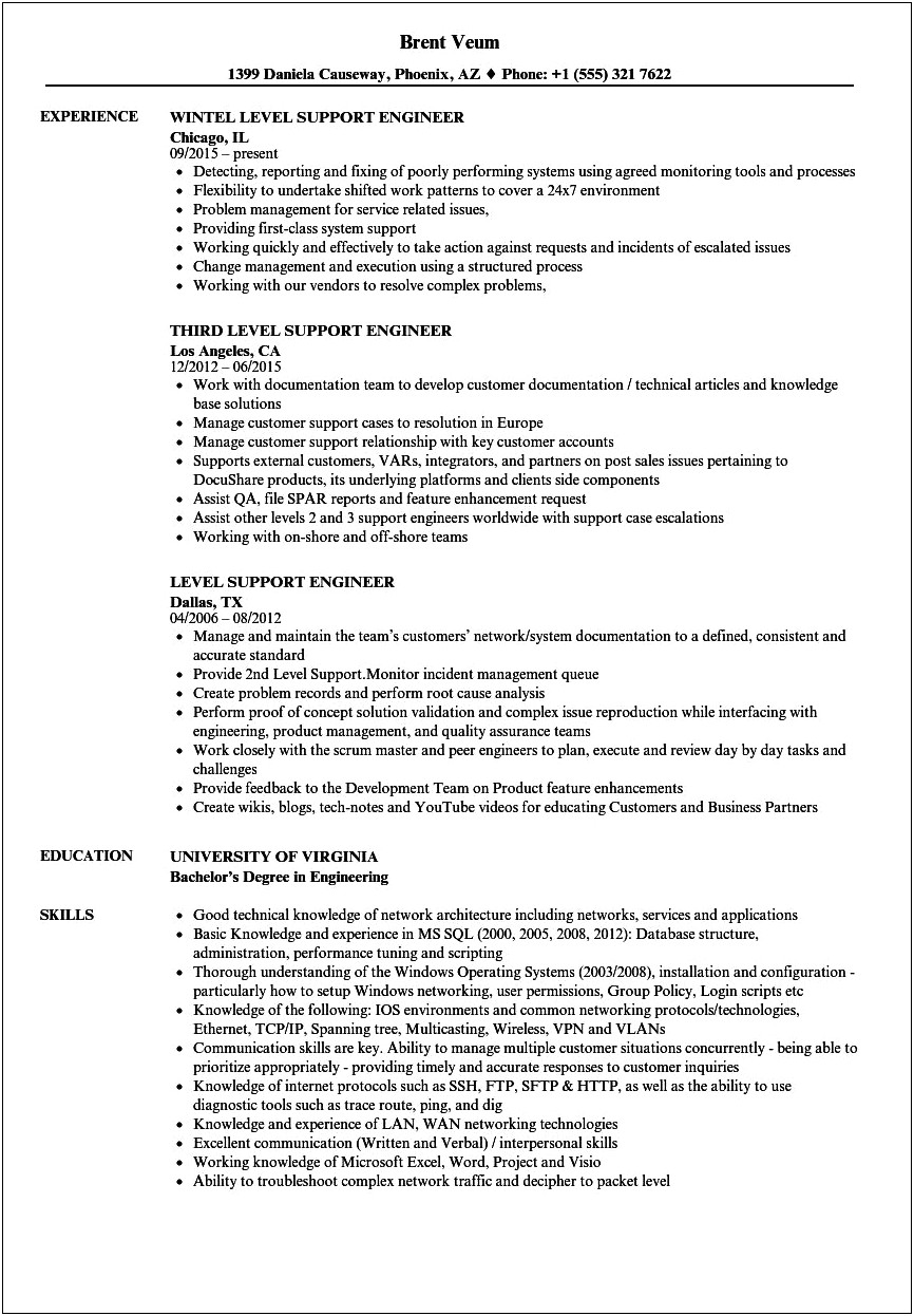 Example Engineer Core Support Resume