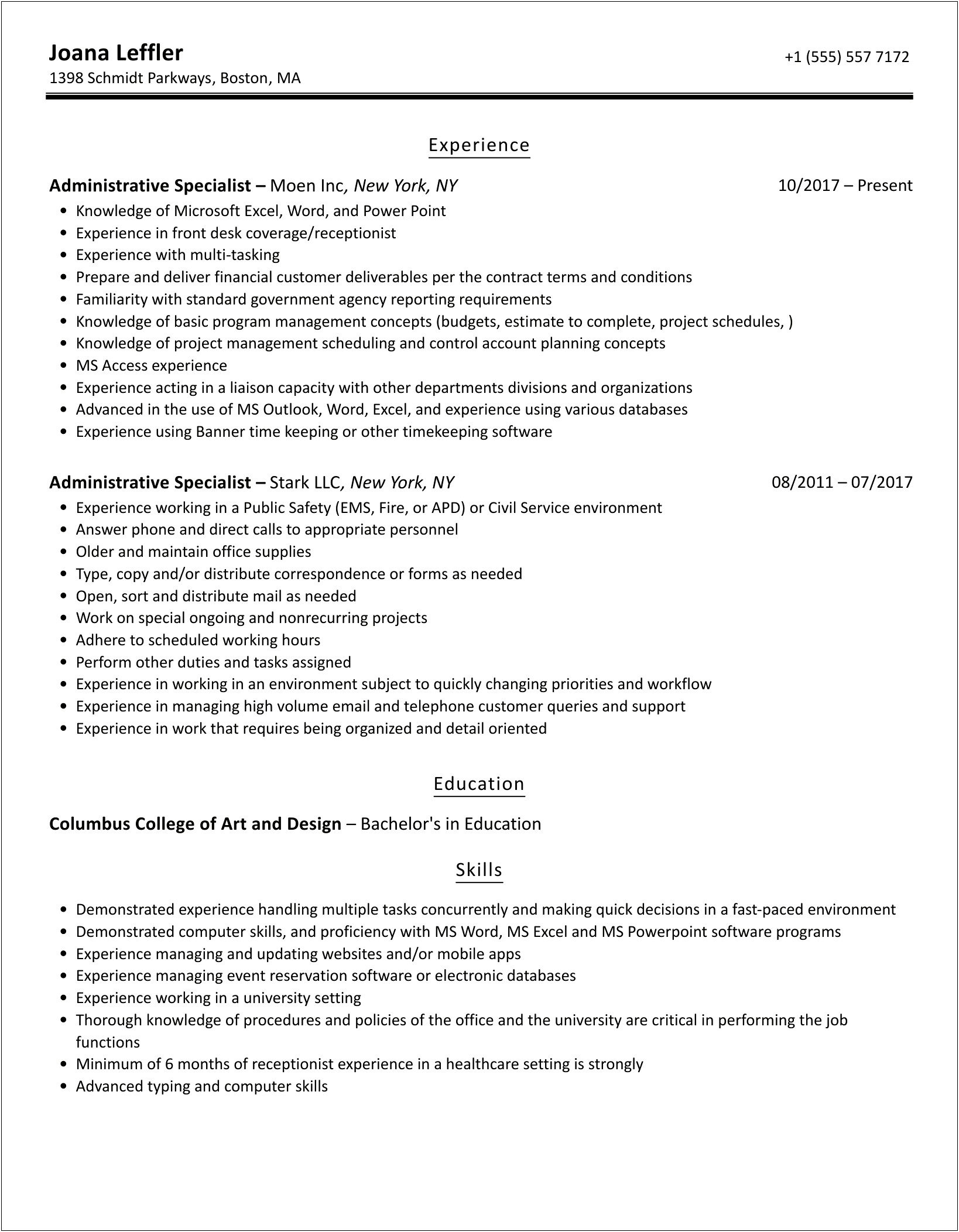 Example Federal Resume For Administrative Specialist