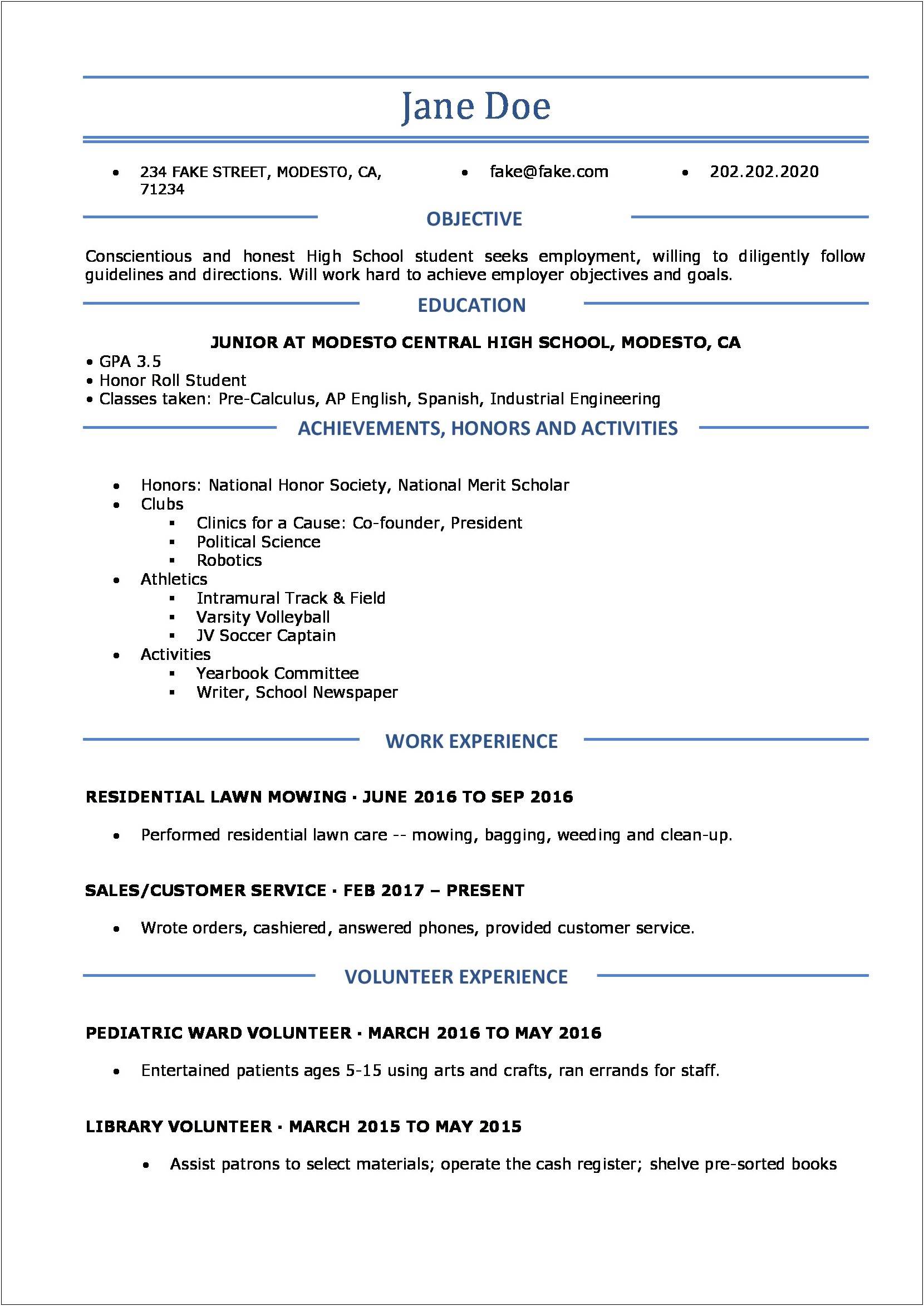 Example High School Honor Roll Student Resume