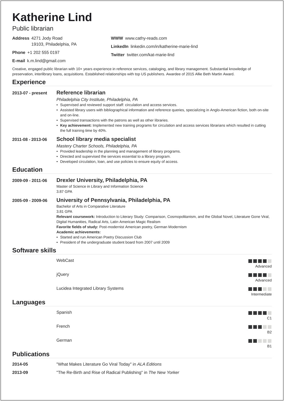 Example Library Science Graduate Student Resume