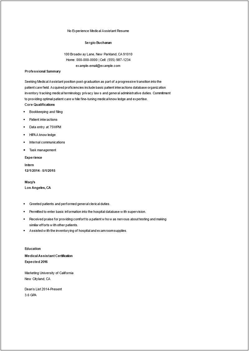 Example Medical Assistant Resume No Experience