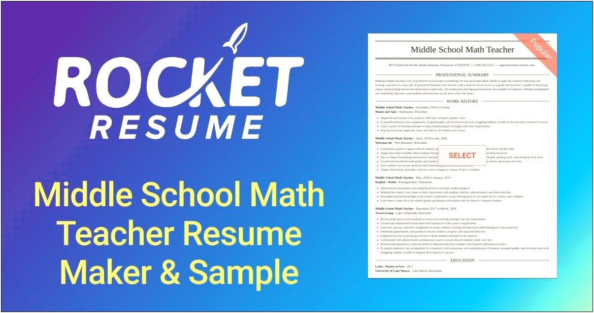 Example Middle School Math Teacher Resume