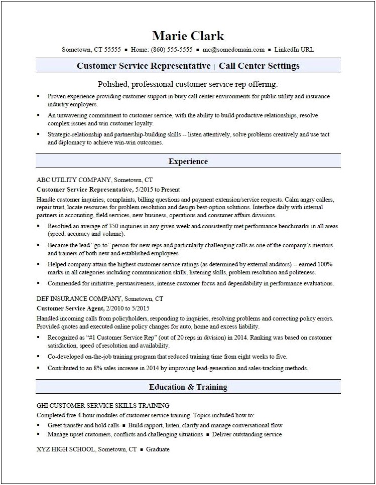 Example Objective For Resume Call Center
