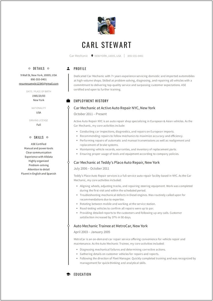 Example Of A Collision Repair Resume