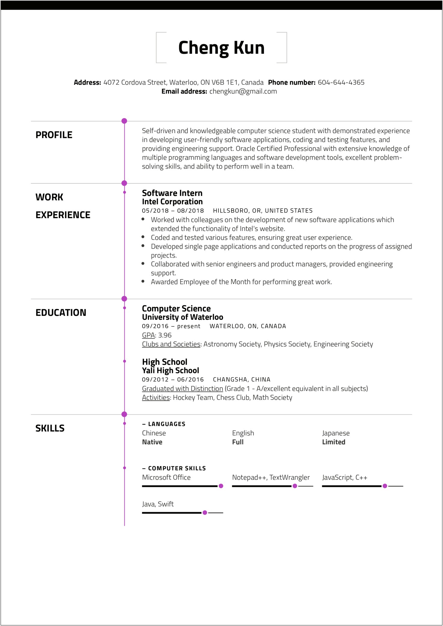 Example Of A Computer Science Resume College Student