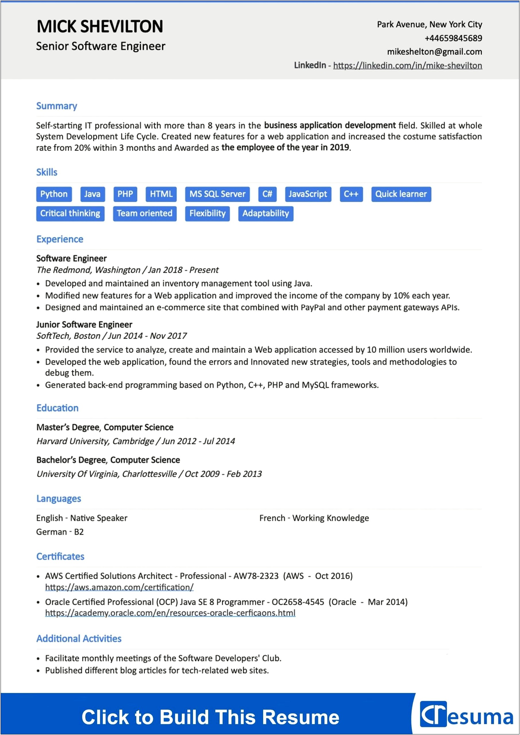 Example Of A Computer Science Resume