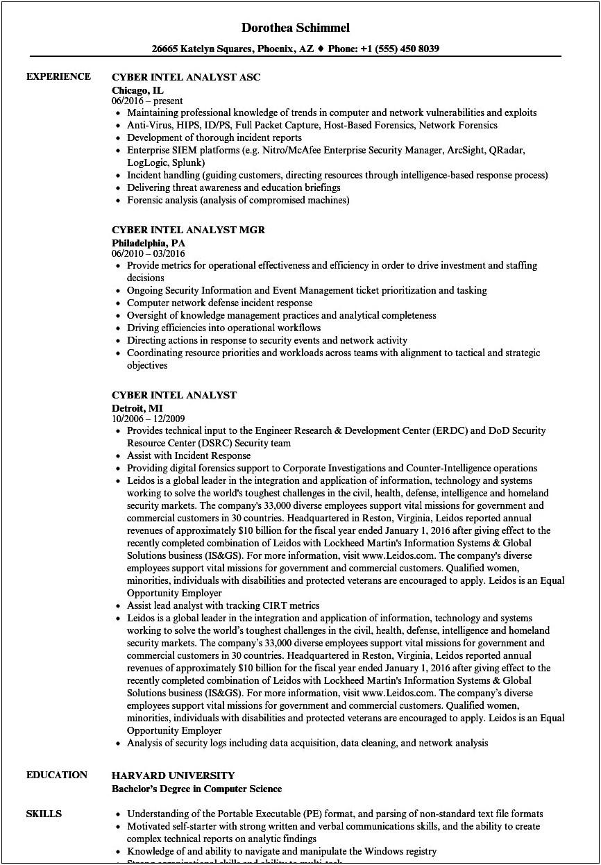 Example Of A Cyber Forensic Analyst Resume