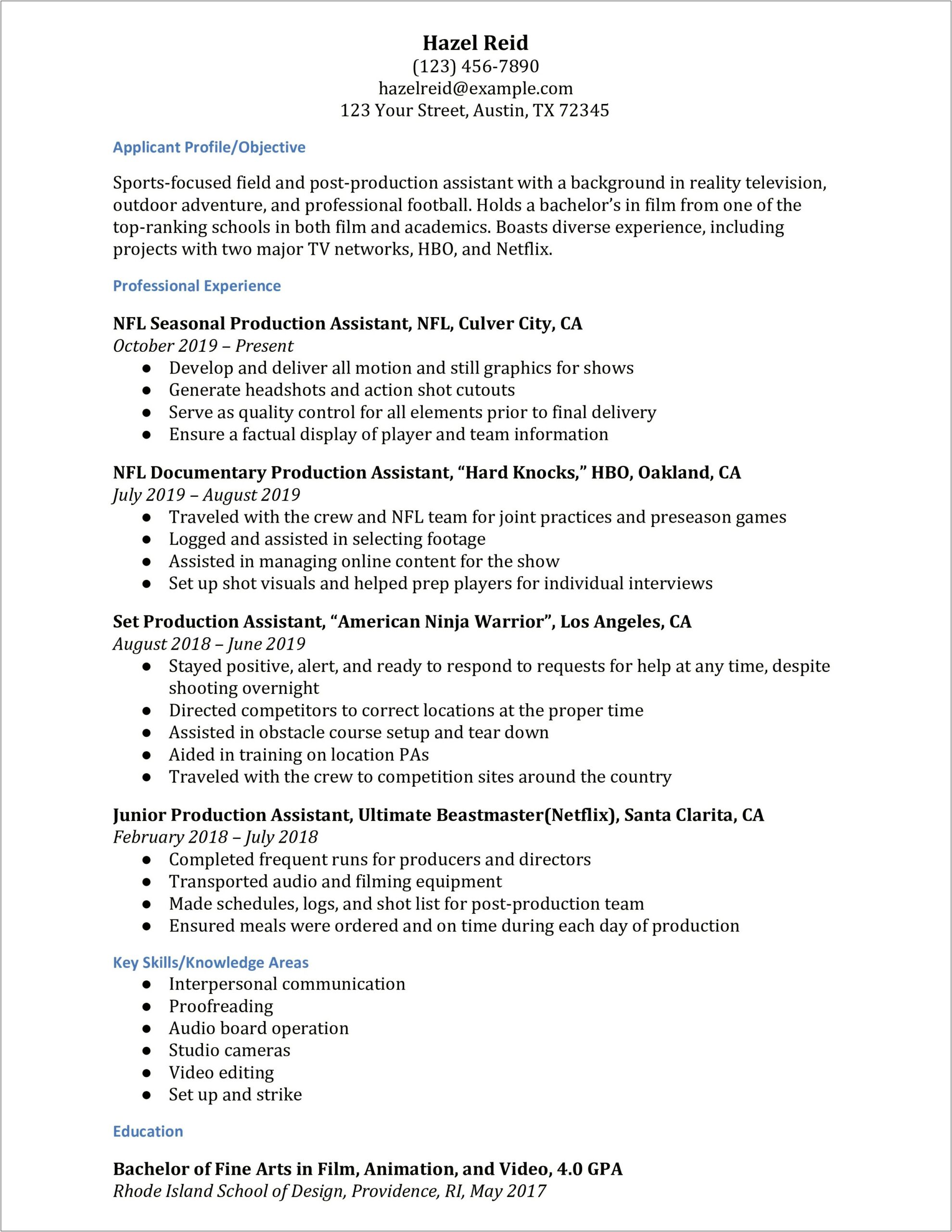 Example Of A Film Production Assistant Resume