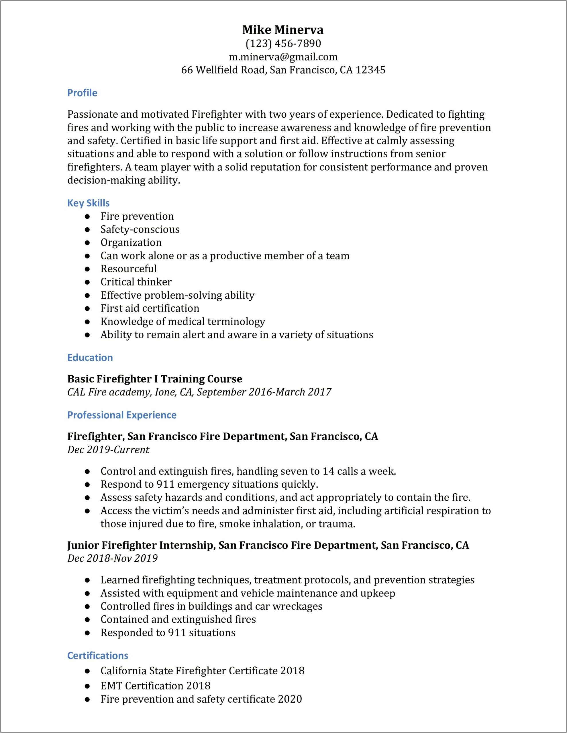 Example Of A Fire Captain Resume
