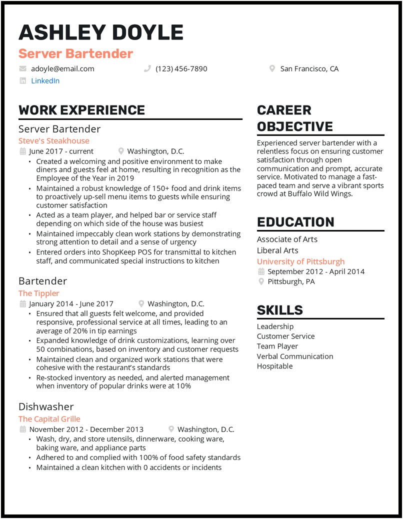 Example Of A Food Server Resume