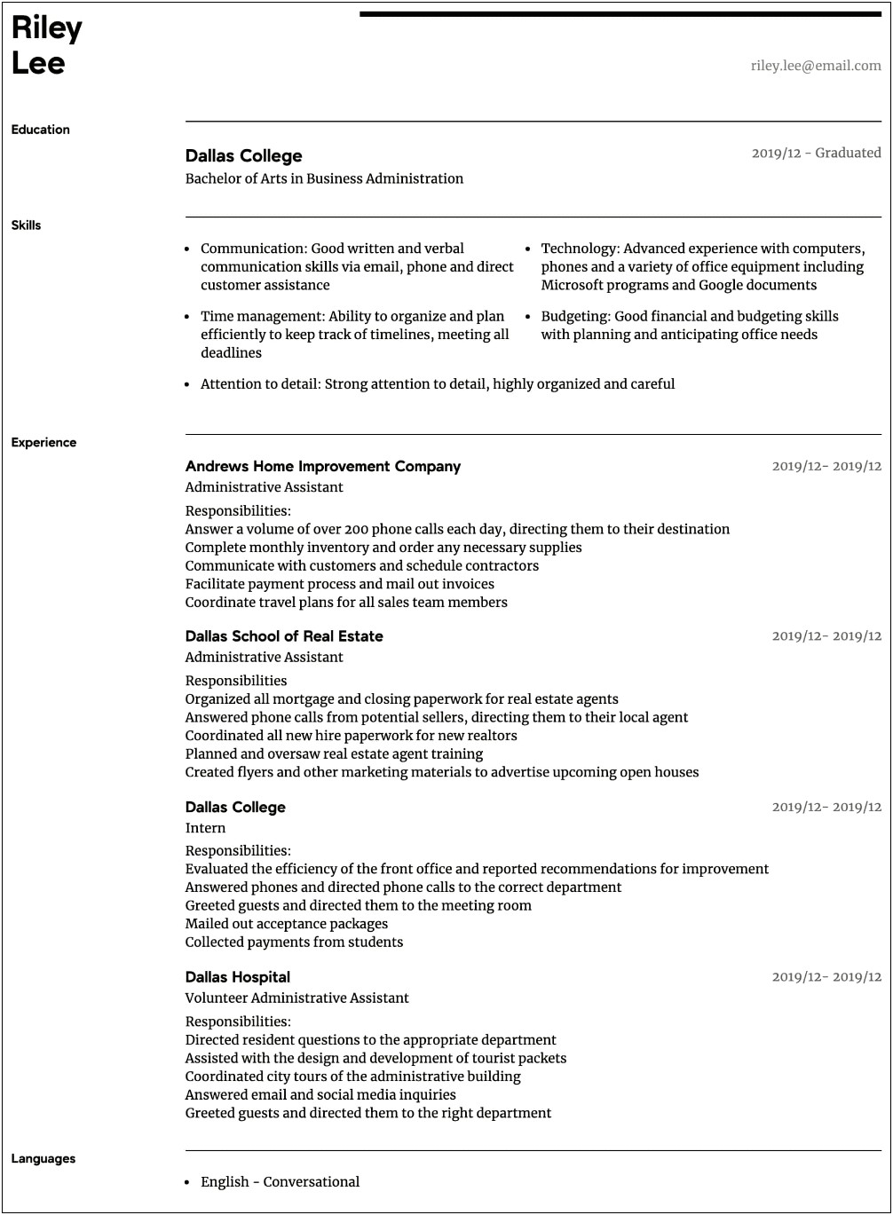 Example Of A Good Administrative Assistant Resume