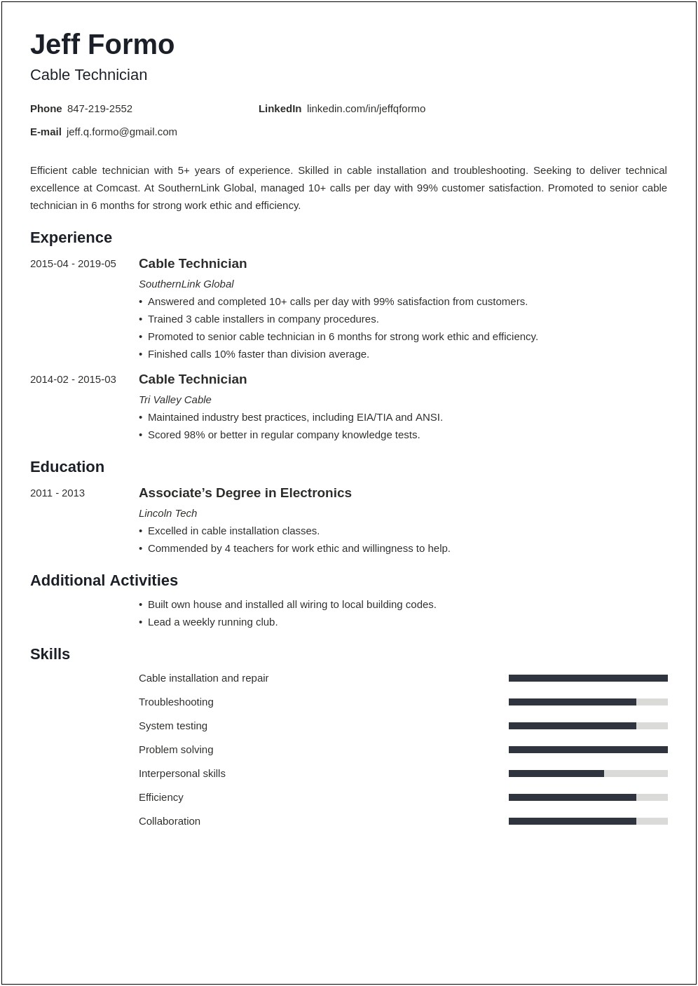 Example Of A Good Cable Tech Resume