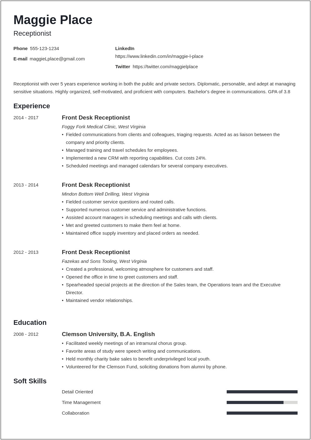 Example Of A Good Receptionist Resume