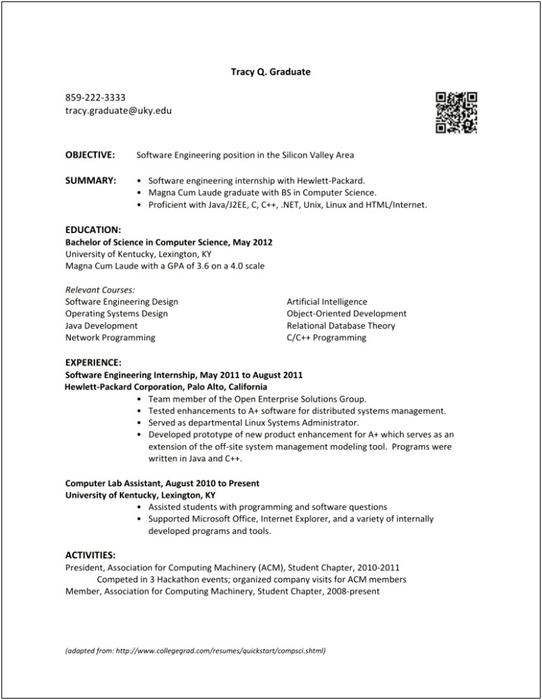 Example Of A Good Resume For Cs Student