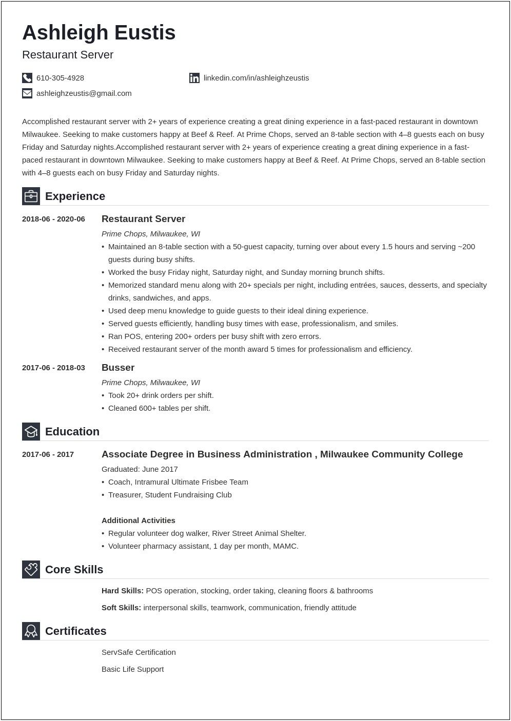 Example Of A Good Server Resume