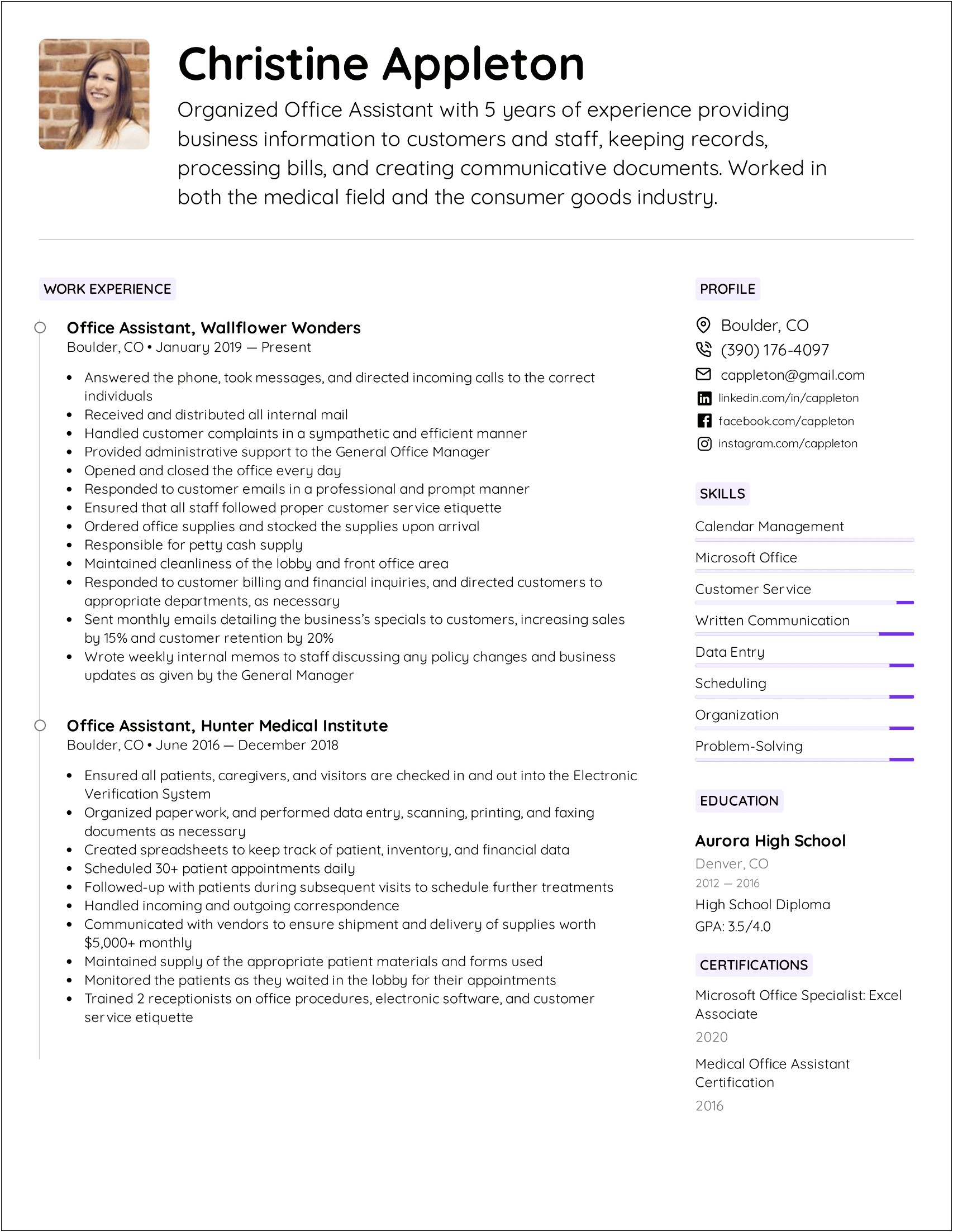 Example Of A Medical Office Assistant Resume