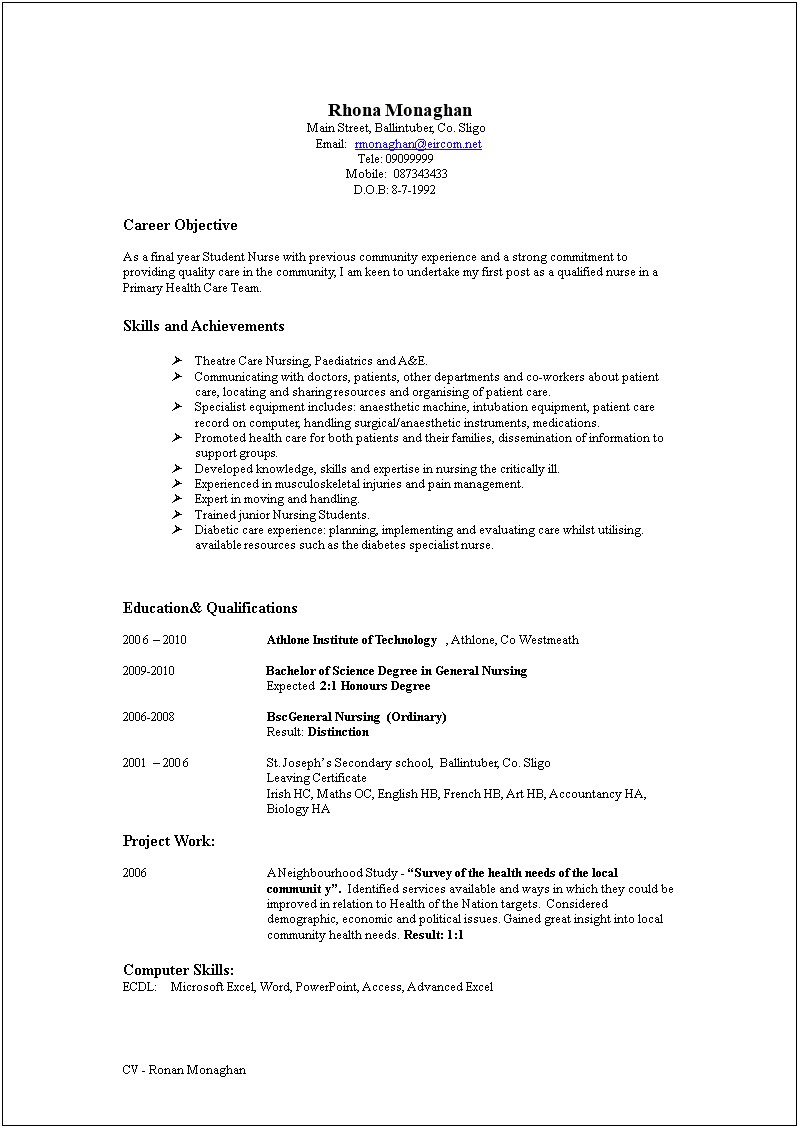 Example Of A Nurse Resume Objective