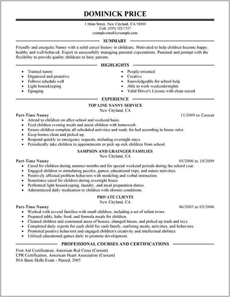 Example Of A Part Time Job Resume