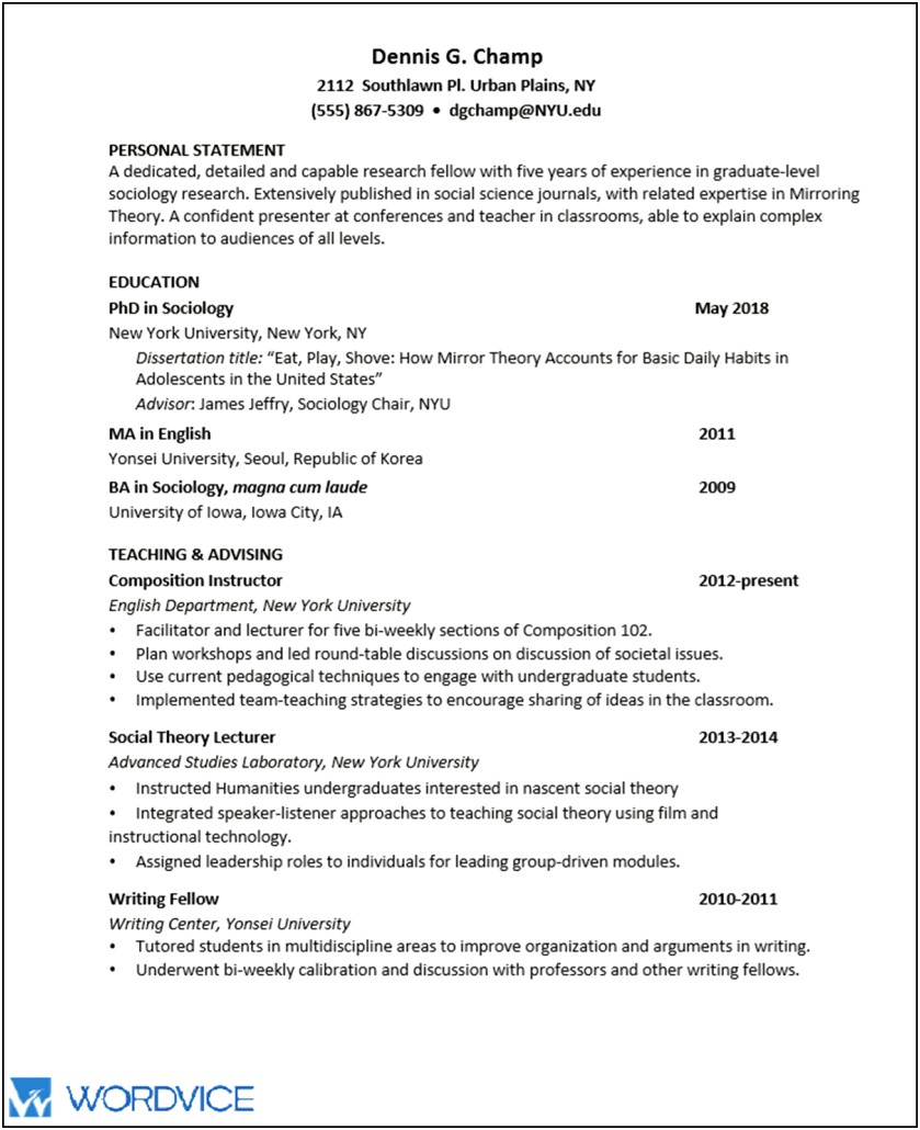 Example Of A Personal Statement For A Resume