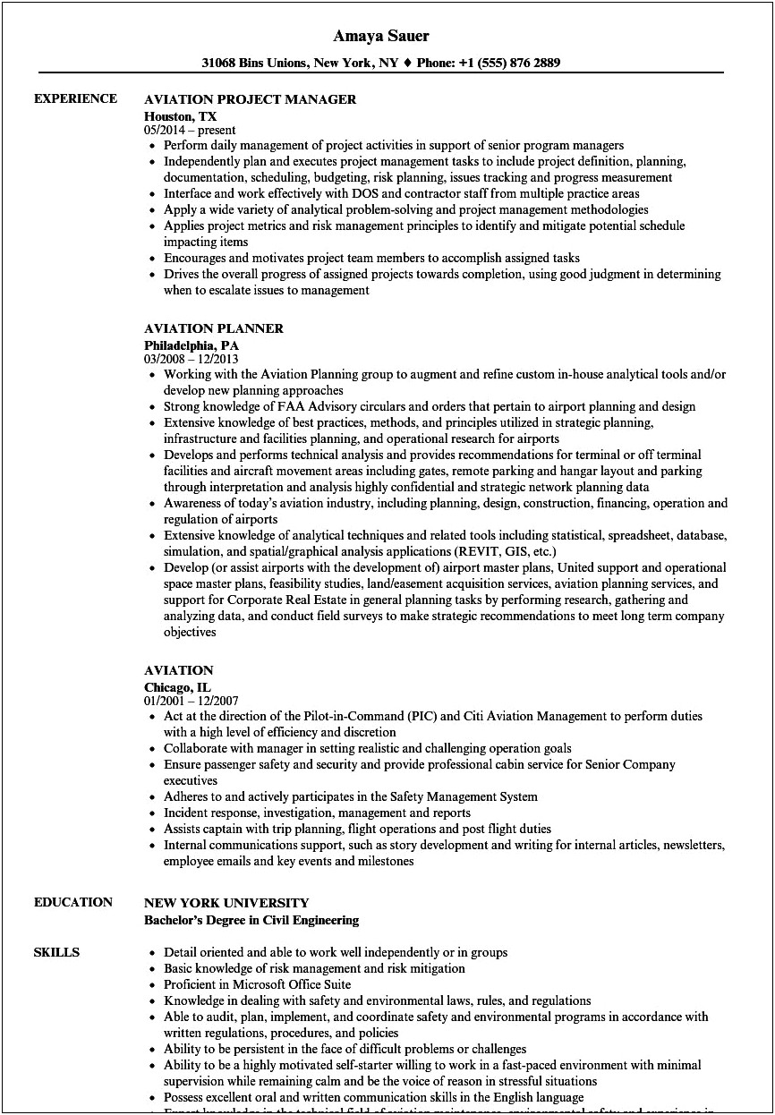 Example Of A Private Pilot Resume