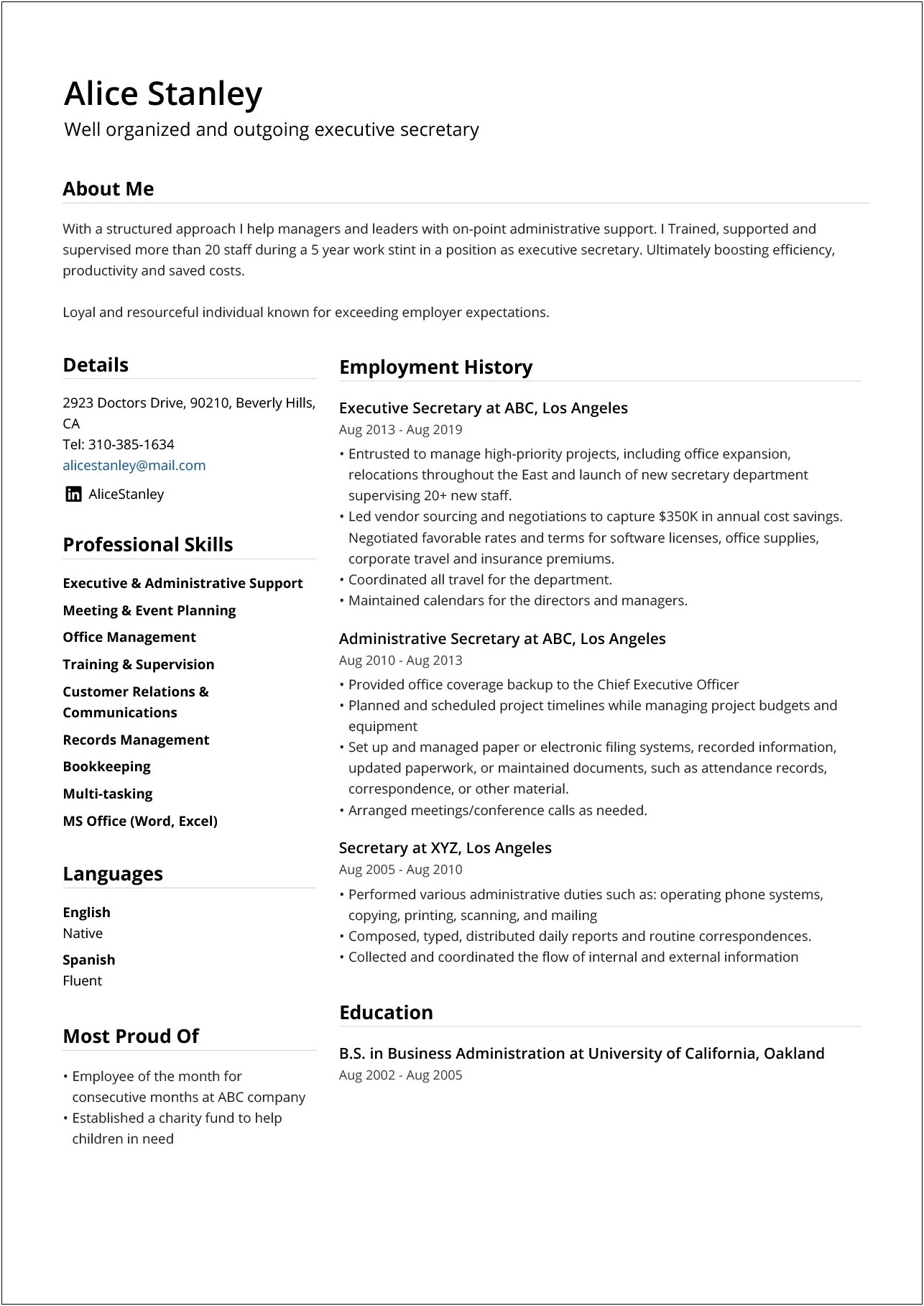 Example Of A Professional Profile On A Resume