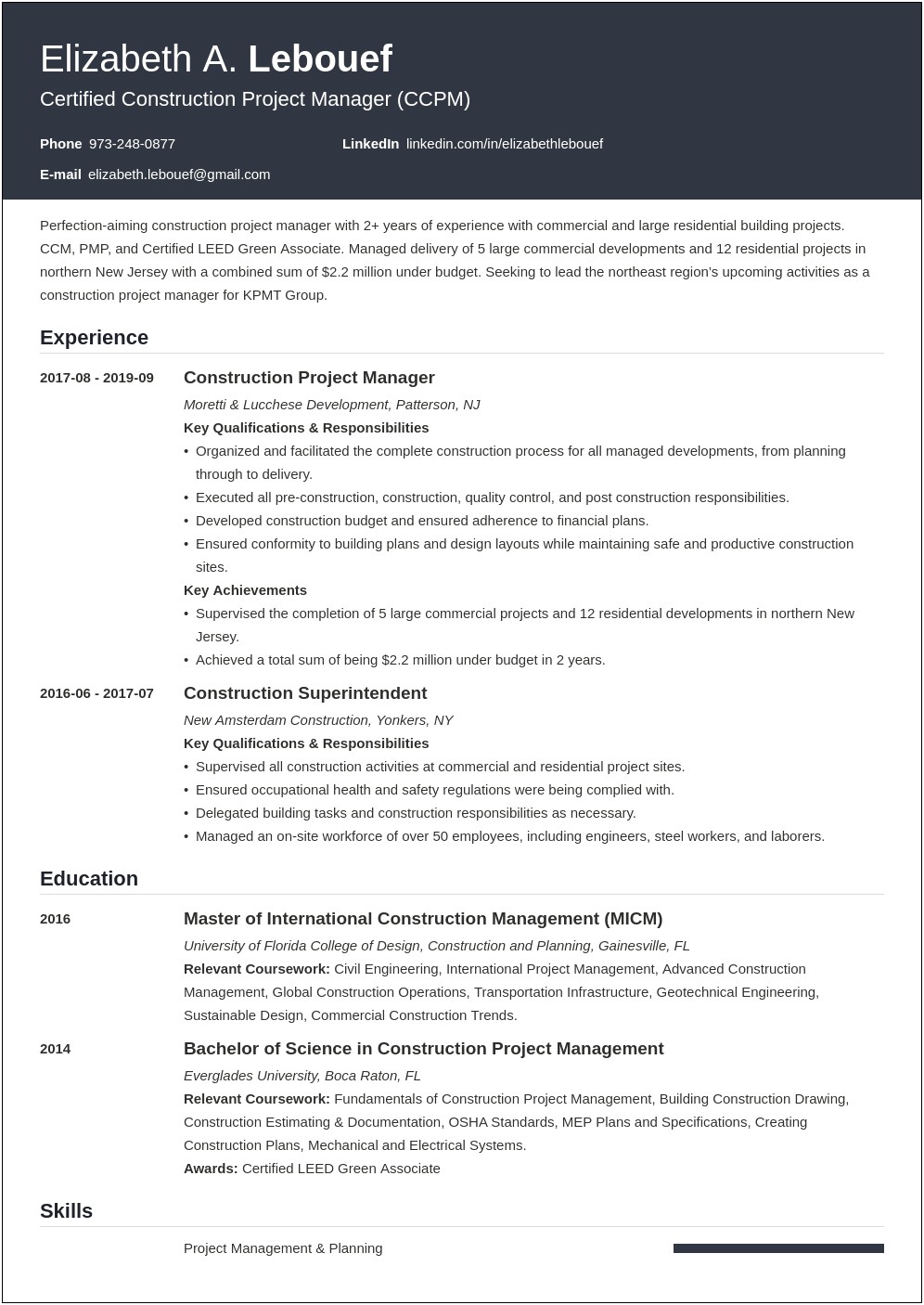 Example Of A Project Manager Of Construction Resume