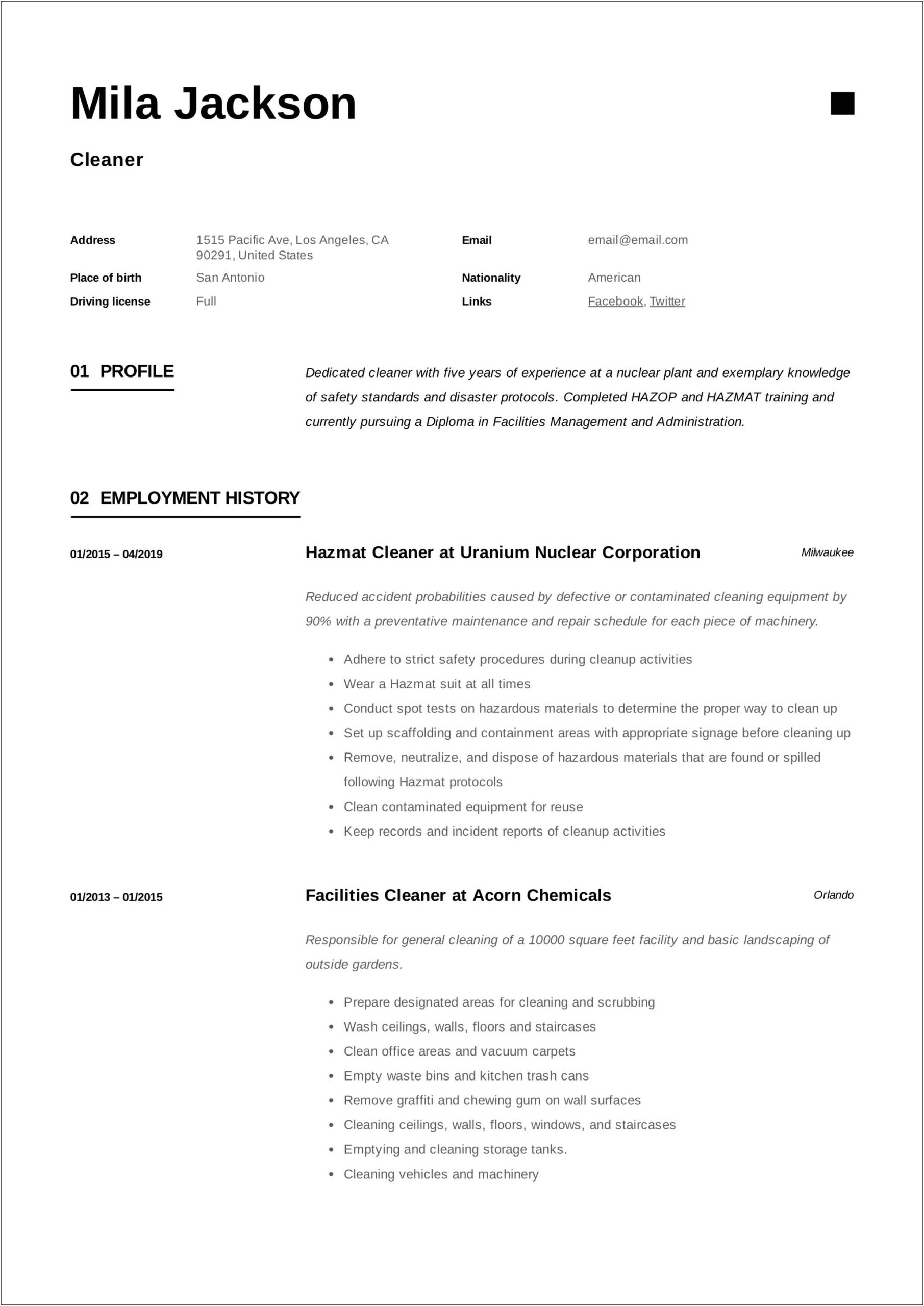Example Of A Resume Cleaning Services