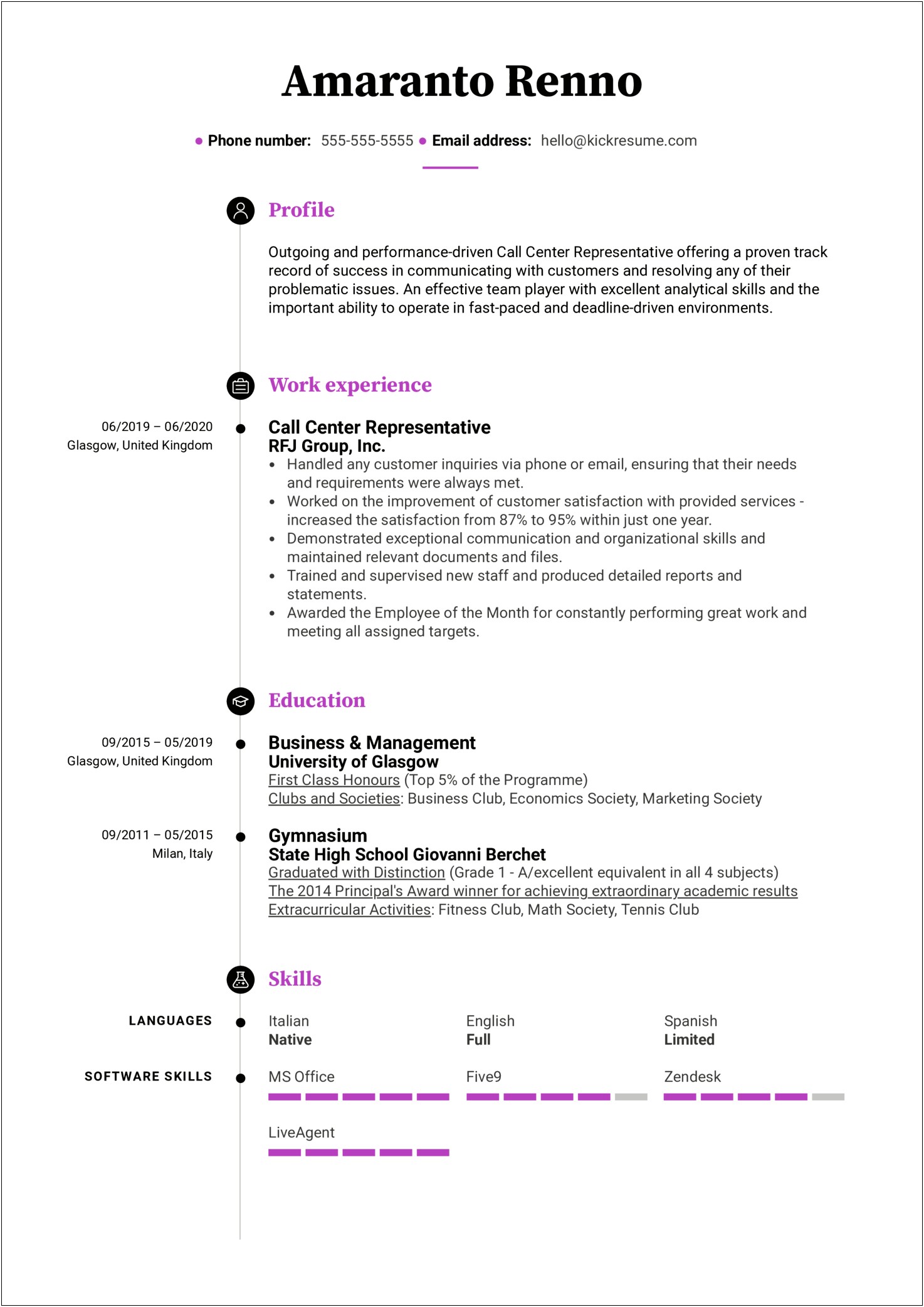 Example Of A Resume For A Call Center