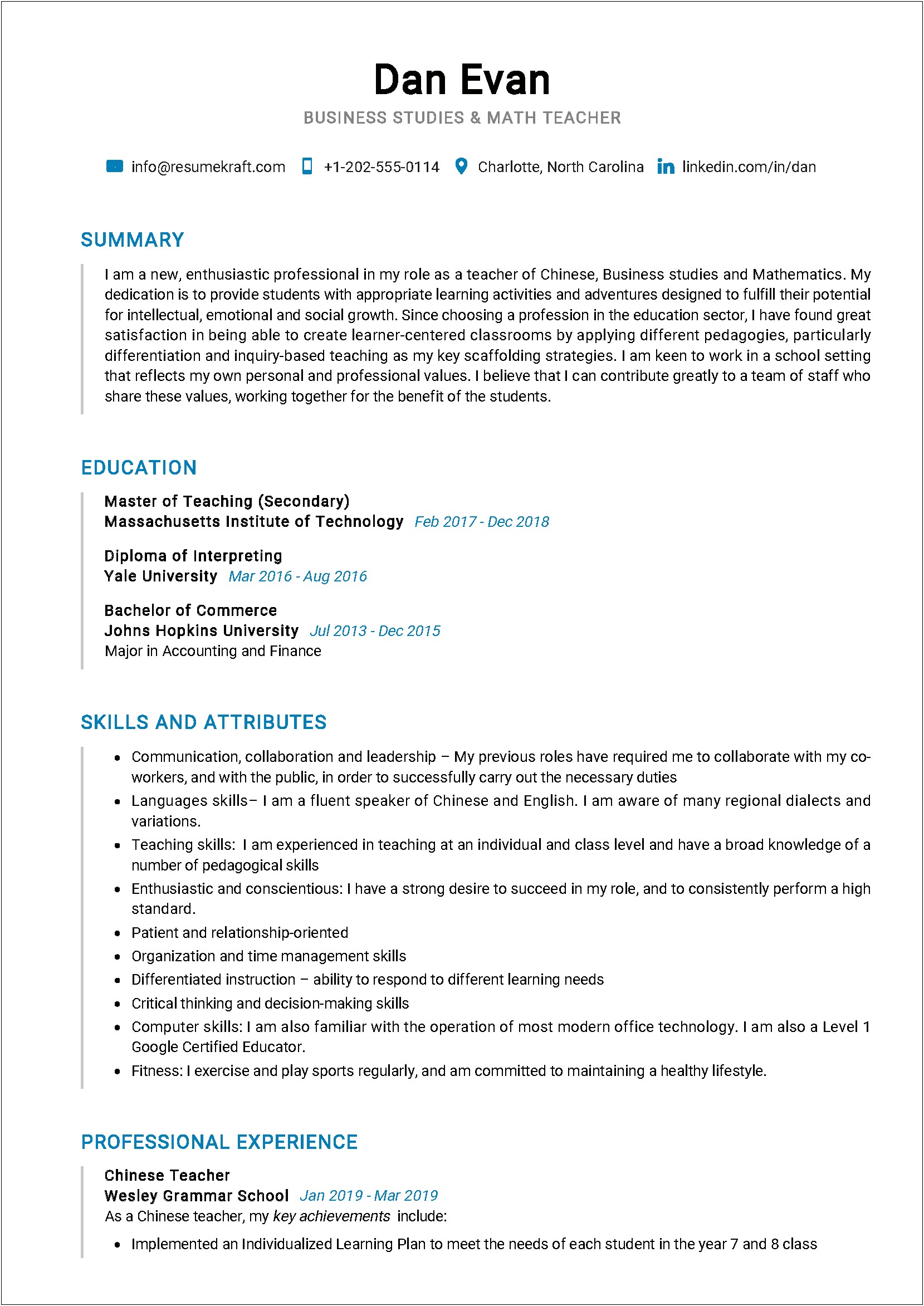 Example Of A Resume For A Math Intenship