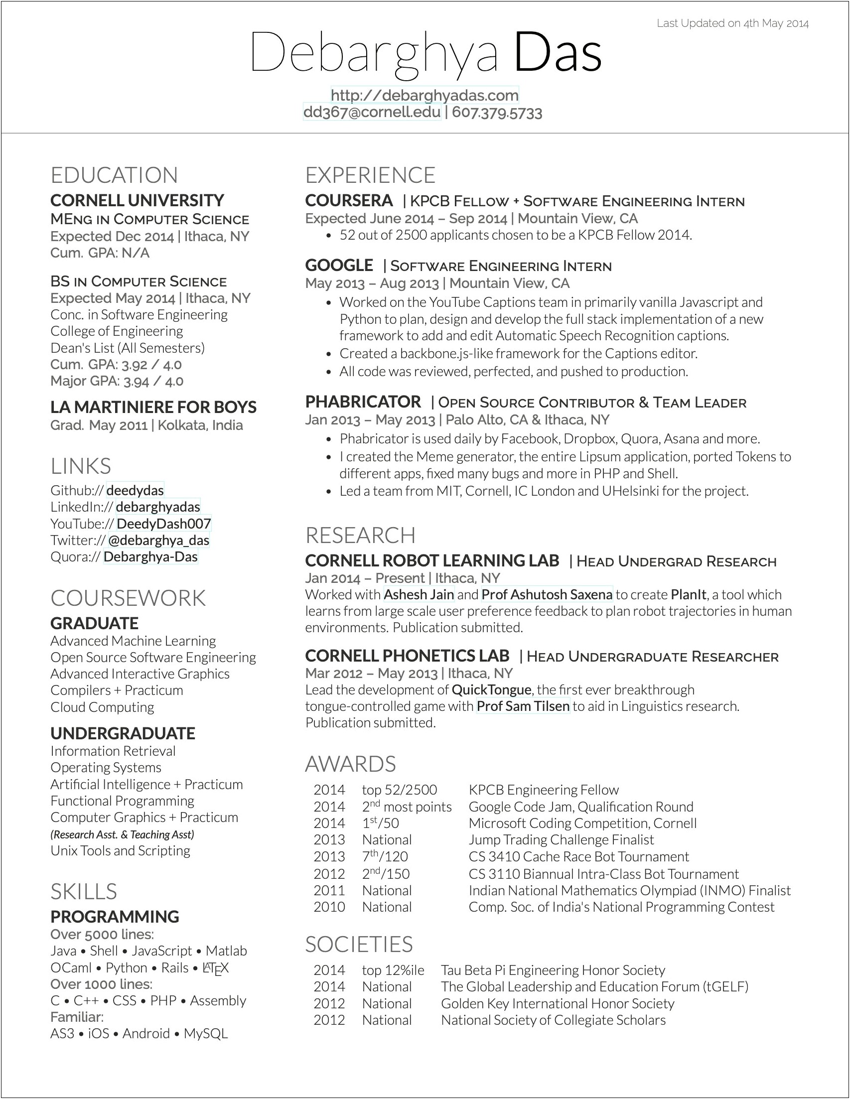 Example Of A Resume For A Math Internship