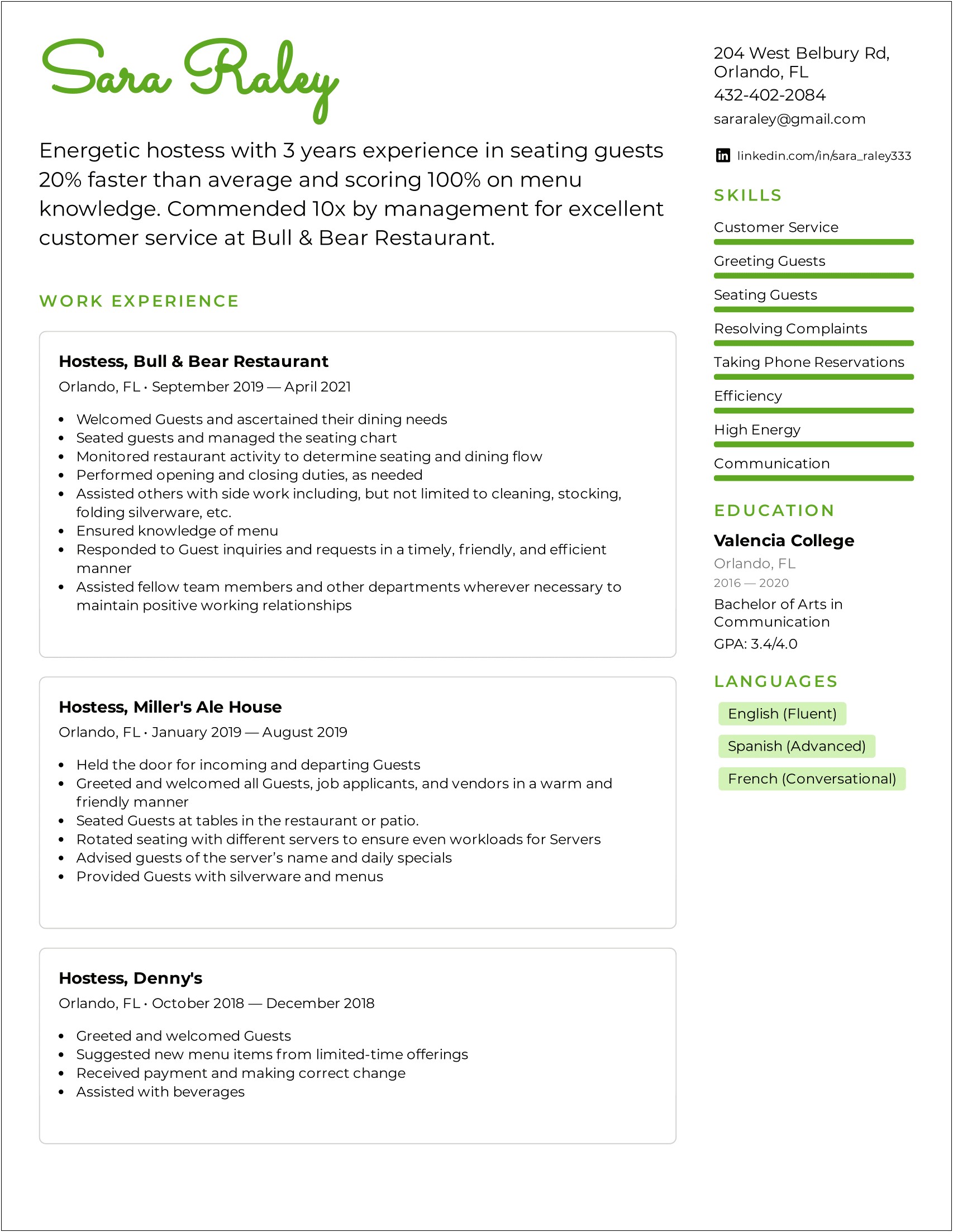 Example Of A Resume For A Restaurant Server