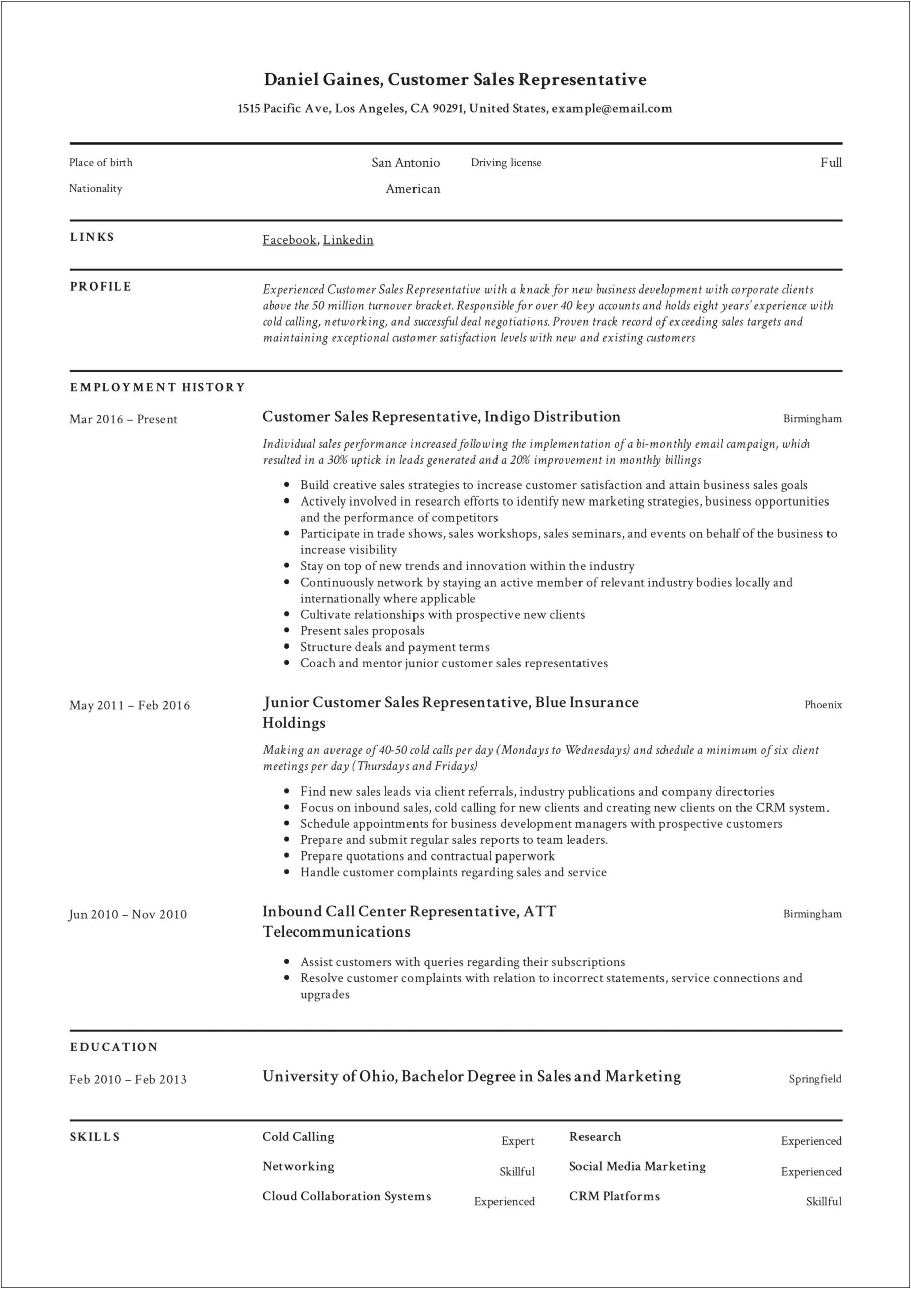 Example Of A Resume For A Sales Representative