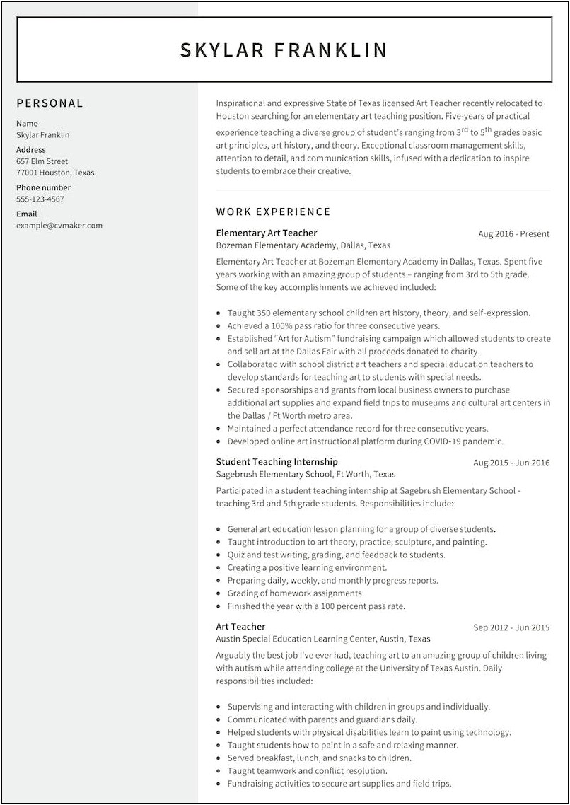 Example Of A Resume For A Teaching Position