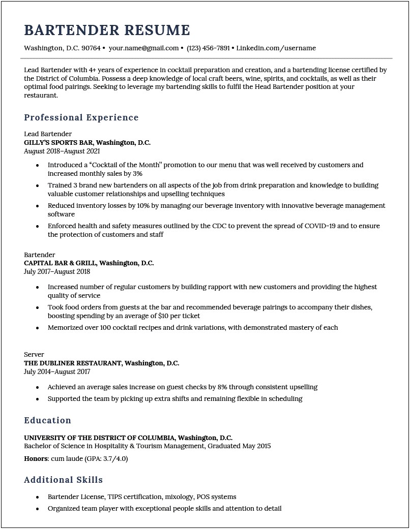 Example Of A Resume For A Waitress Job