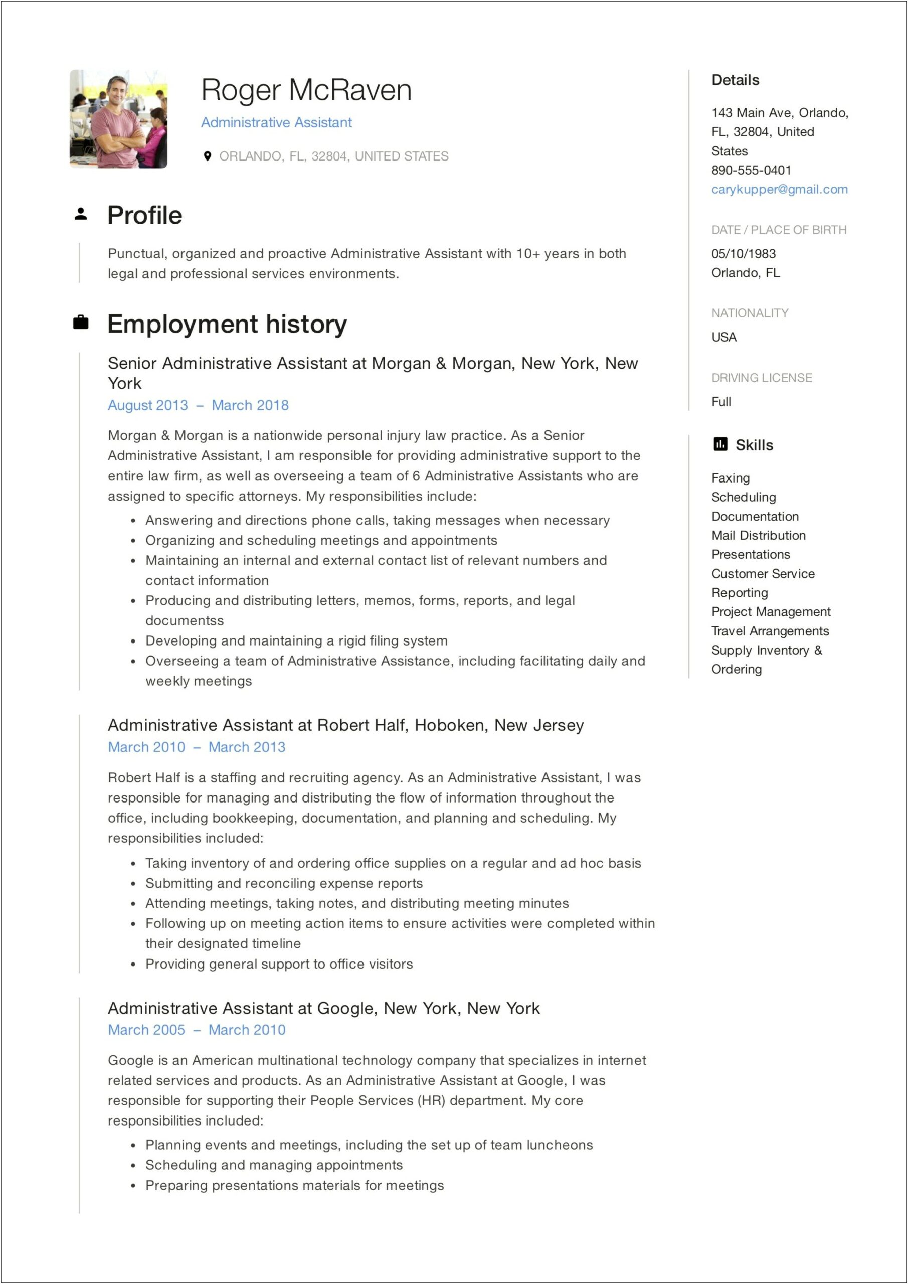 Example Of A Resume For Administrative Assistant