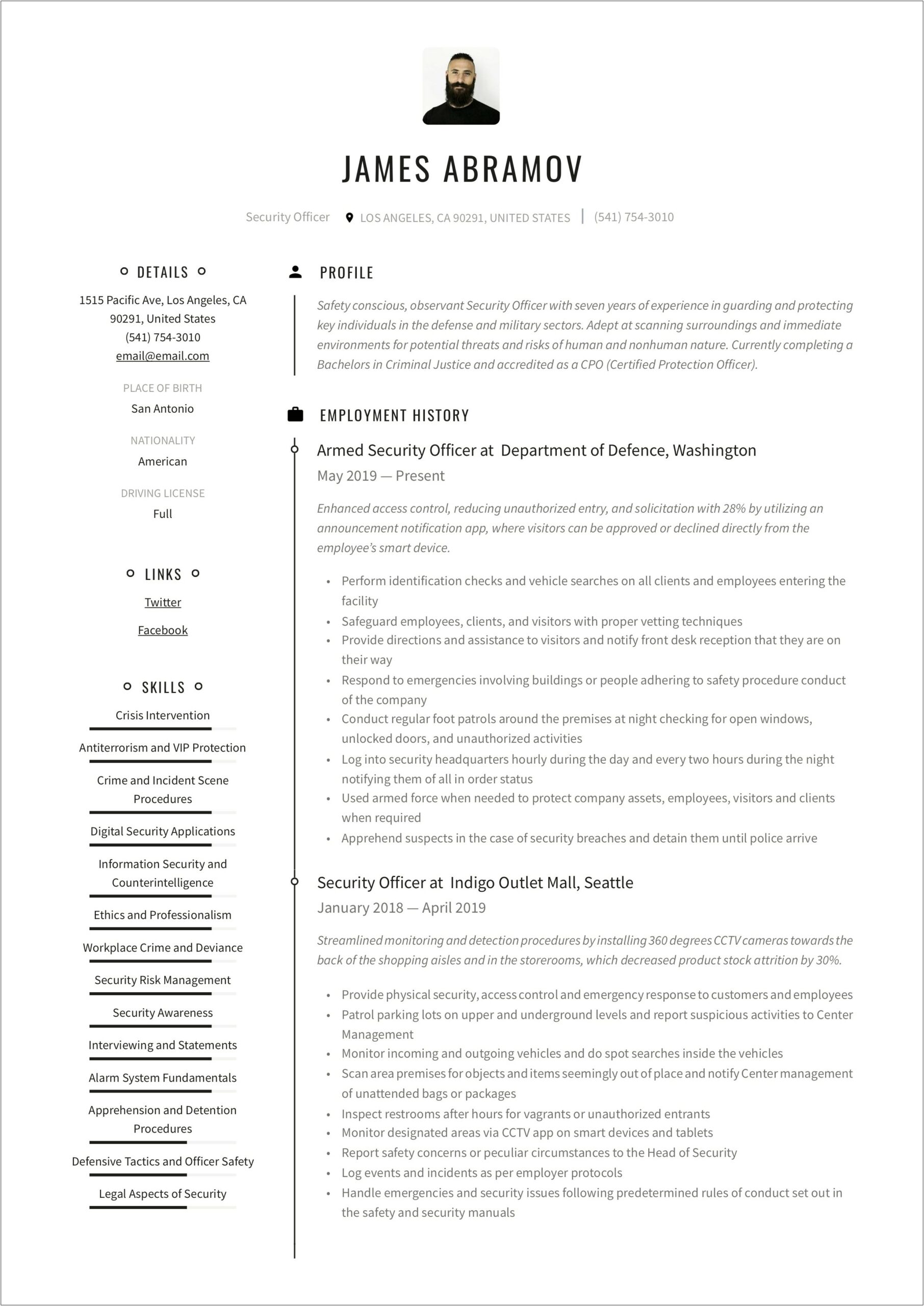 Example Of A Resume For Event Security Guard
