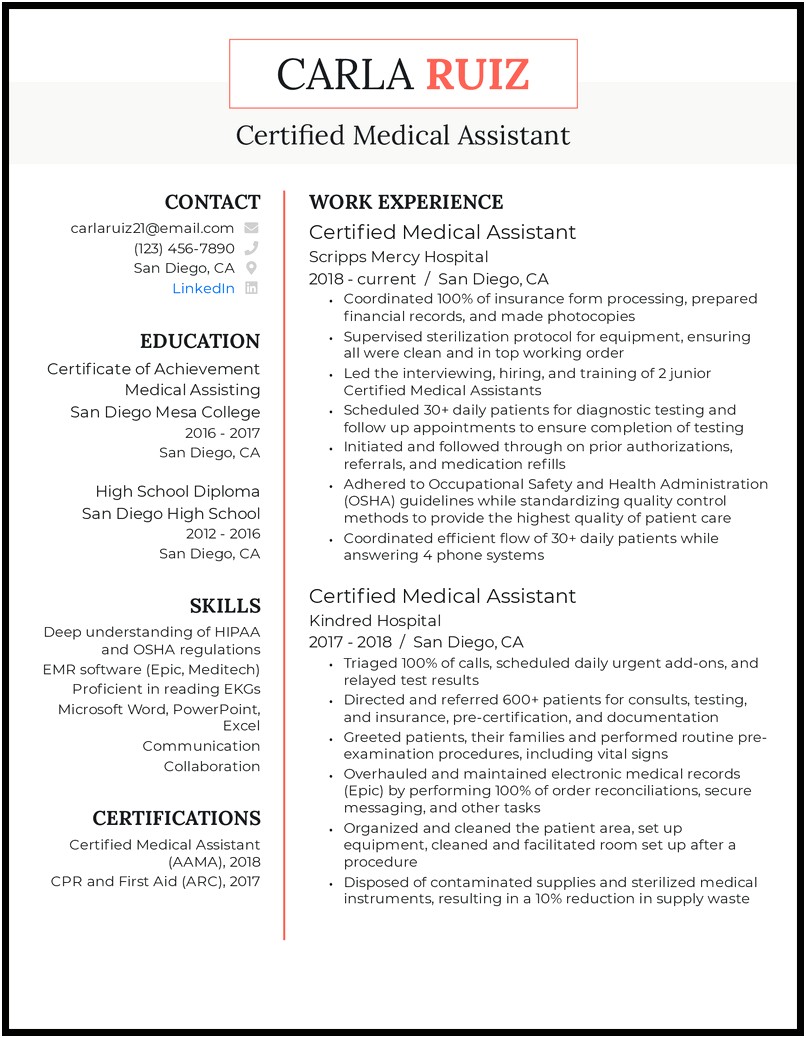 Example Of A Resume For Medical Assistant