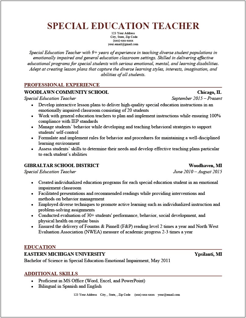 Example Of A Resume Objective For A Teacher